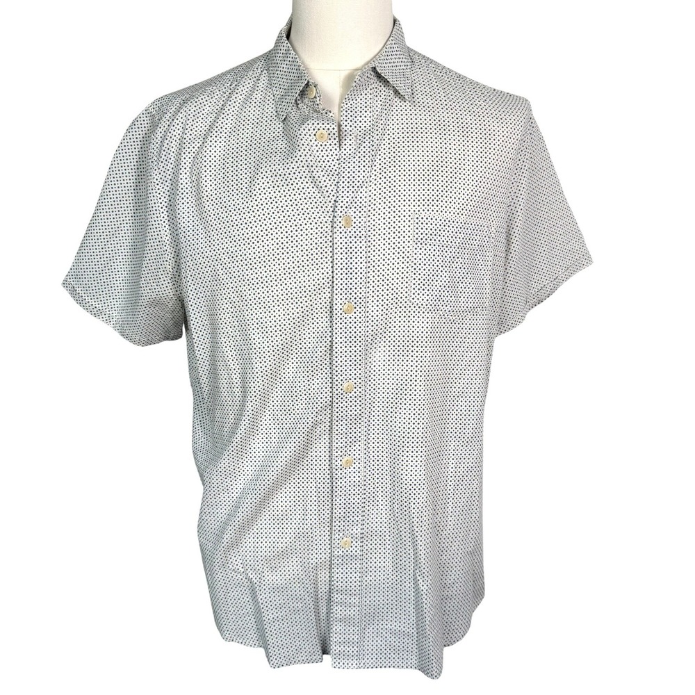LIFE AFTER DENIM Men's Large White Blue Diamond Dot Short Sleeve Button Up Shirt